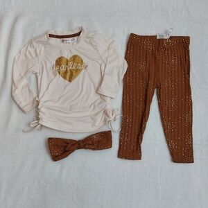 Nannette Baby Girls Brown Cream Fearless Heart 3 Piece Outfit Size 18 Months
